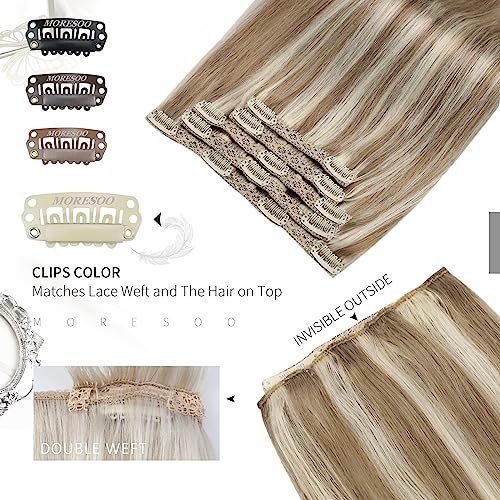 Moresoo Human Hair Extensions Clip in Light Brown with Platinum Blonde Clip in Hair Extensions Real Human Hair 14 Inch Mid-length Remy Silky Soft Straight 5pcs/80g #9A/60 - Image 4
