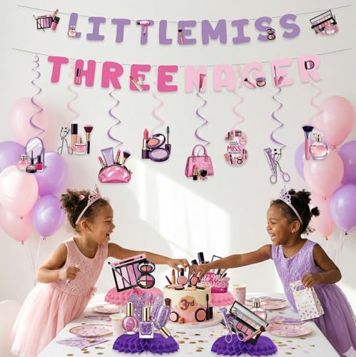 Image of Little Miss Threenager Birthday Decorations - 14 Pcs 3rd Birthday Banner Hanging Swirls Honeycomb Decorations for Girls, Makeup 3 Year Old Girl Party Decor Supplies