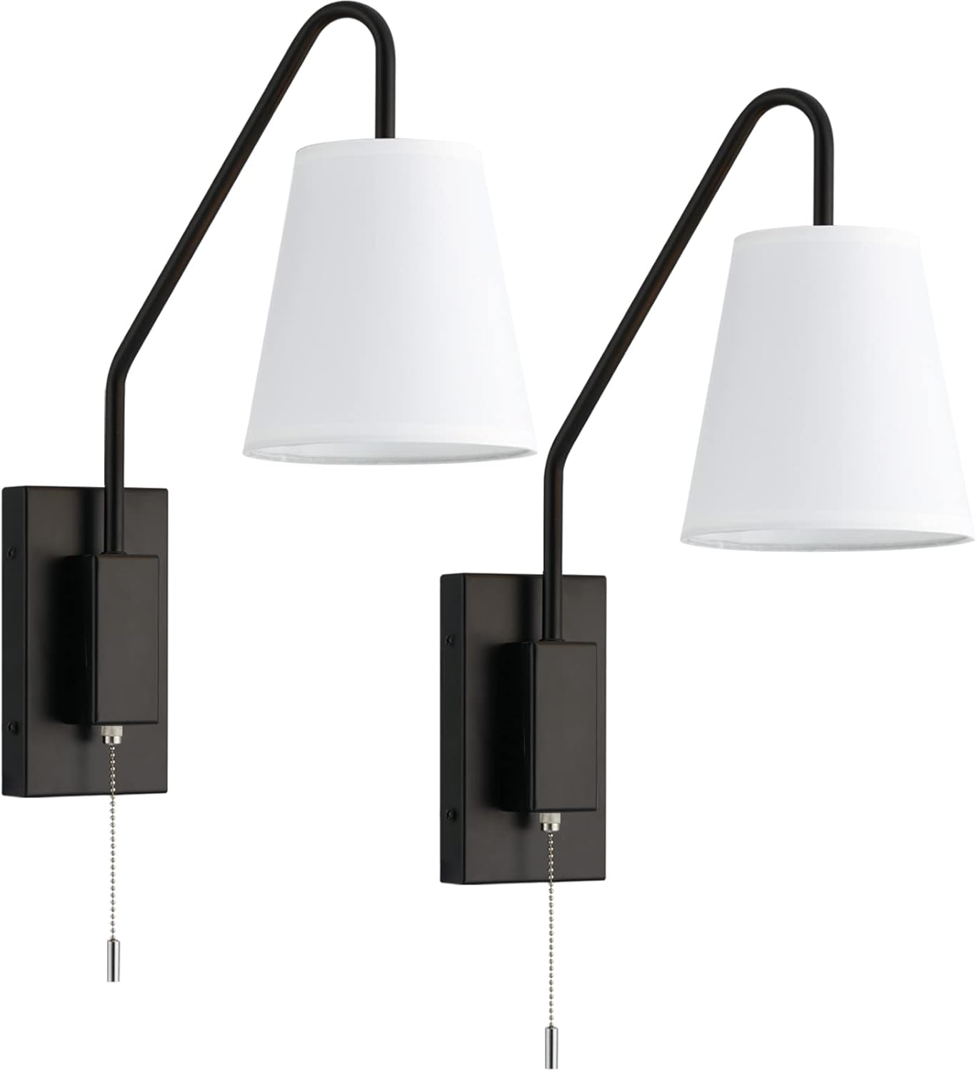 TERLEENART Hardwired Sconce Set of 2 with on/Off Switch,Wired Bedside Wall Mounted Reading Lamps with Pull Chain Switch,Sloped Arm and White Fabric Shade