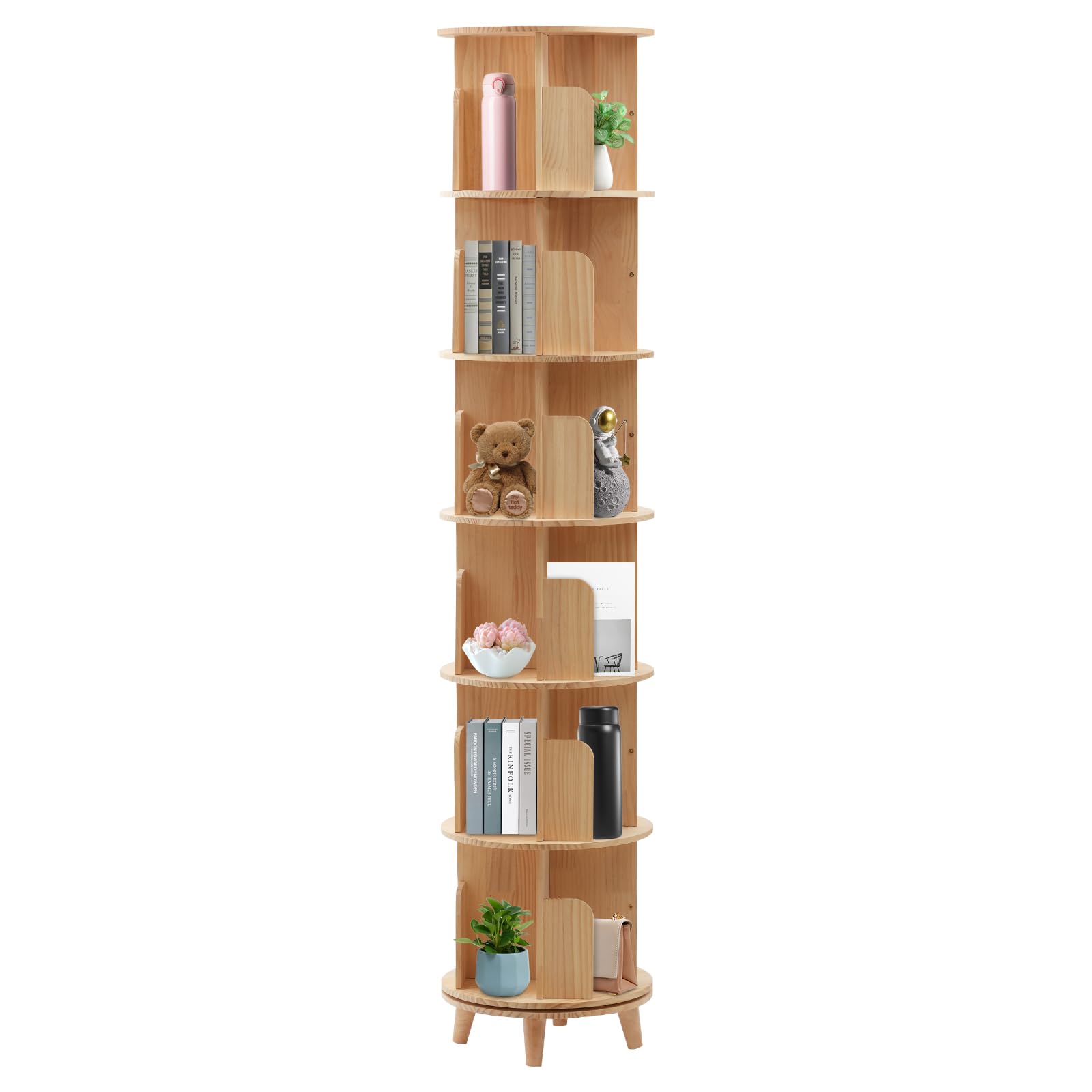 Drehbares Bücherregal aus Massivholz 6 Ebenen, 360°Drehbar Aufbewahrungs Regal Multifunktionales Standregal Vitrinenschrank für Schlafzimmer Wohnzimmer