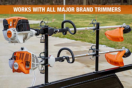 Image of Buyers Products LT18 2-Position Lockable Weed Wacker /Trimmer Rack for Landscape Trailers - Adjustable, Black Powder-Coated Steel, Holds 2 Weed Eaters, Rust-Resistant Lawn Edger Rack, Made in USA