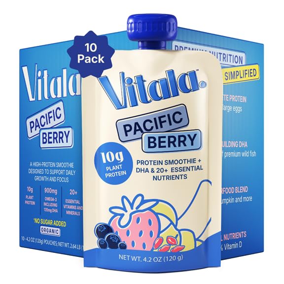 Vitala Organic Protein Smoothie Pouches for Kids & Adults, 10g Plant Protein, 135mg DHA 900mg...