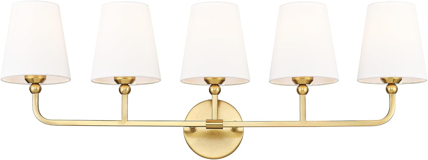 Bathroom Light Fixtures, 5 Light Brushed Gold Vanity Lights with Flared White Fabric Shade, 35 Inch Wall Sconce, Modern Sconces Wall Lighting for Hallway Bedroom, VL837-BG-5 Brushed Gold 5-Light