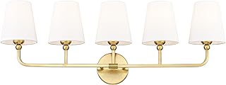 Bathroom Light Fixtures, 5 Light Brushed Gold Vanity Lights with Flared White Fabric Shade, 35 Inch Wall Sconce, Modern Sconces Wall Lighting for Hallway Bedroom, VL837-BG-5