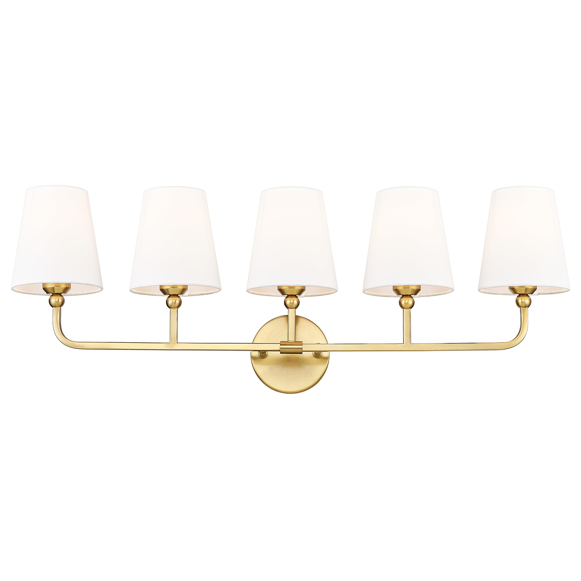 Bathroom Light Fixtures, 5 Light Brushed Gold Vanity Lights with Flared White Fabric Shade, 35 Inch Wall Sconce, Modern Sconces Wall Lighting for Hallway Bedroom, VL837-BG-5