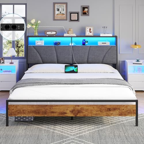 Brinlawb marco de cama matrimonio 180x200 cm con regleta de enchufes integrada (2 tomas AC y 2 USB) tira de luz LED, somier 180x200 cm, cama 180x200 con estructura de metal y cabecero. Fácil de montar