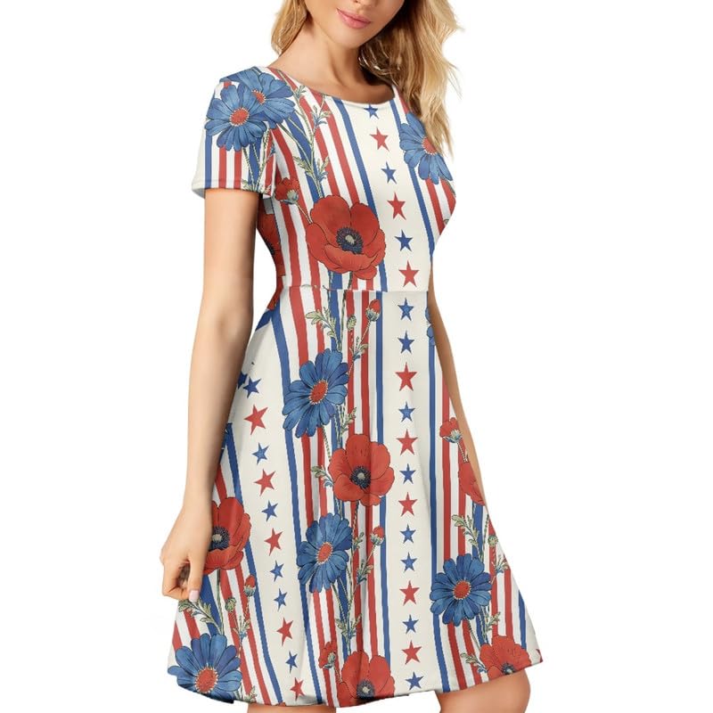 Image of Irisjudy T Shirt Dress for Women Short Sleeve Girls Short Sleeve Dress Plus Size, O Neck Knee Length Midi Dress for Ladies