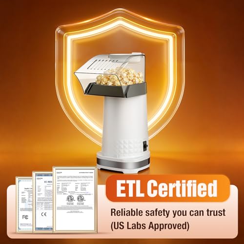 Hot Air Popcorn Maker Machine, 99% High Popping Rate Popcorn Popper, Air Popper Popcorn Maker, 2-Min Fast Oil-Free Electric Popcorn Machine, ETL Certified for Home, Party, Game Night, World Cup,White