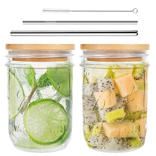 Mason Jar, Wide Mouth Mason Jars 16 Oz, Mason Jar Cups with Lids and Straws, Set of 2 Mason Jar Drinking Glasses