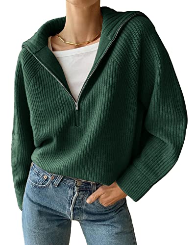 Btfbm Women’s Casual Long Sleeve Half Zip Pullover Sweaters Solid V Neck Collar Ribbed Knitted Loose Slouchy Jumper Tops(Solid Green, Medium) #TOP22