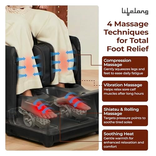 Image of Lifelong 2 in 1 Foot & Leg Massager Machine & Foldable Ottoman Rest for Home - Pain Relief Massage for Legs - Heat + Rolling, Kneading, Shiatsu, Vibration & Air Compression | Ideal for Feet, Ankle & Legs