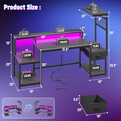 Image of DurayLoly 55 inch Gaming Desk with LED Lights & Outlets,Computer Desk with Drawers & Monitor Stand,Gaming Table with 3 Storage Shelves, Hooks& Printer Space for Game&Study Room,Home Office,Bedroom,Black