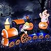 AJY 9 Feet Halloween Inflatable Train with Kittens White GhostsPumpkin with LED Lights Blow up Lighted Yard Decor Giant Lawn Halloween Inflatable Home Garden Party Favor Decoration