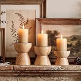Mifoci 3 Pcs Farmhouse Wooden Candle Holders Pillar Set, Table Mantel Decor | Rustic Candle Holders, for LED Flameless Pillar Candle, Solid Wood Candlesticks Pedestal, Fireplace Mantle Table Centerpiece