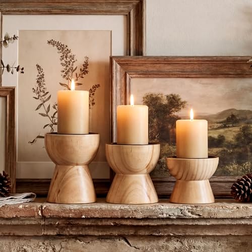 Mifoci 3 Pcs Farmhouse Wooden Candle Holders Pillar Set, Table Mantel Decor