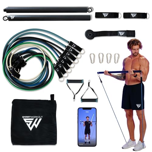 SMARTWORKOUT - Pro Widerstandsbänder Set mit Stange 7 verstellbare Fitnessbänder 5-120kg Griffe Fußschlaufen Türanker 150+ Übungen Video-Programme - Tragbar