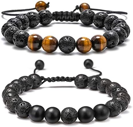 M MOOHAM Lava Rock Bracelets for Men, Lava Rock Bead Tiger Eye Mens Bracelet Mens Gifts Black Matte Agate Bracelet for Men Black Adjustable Beaded Bracelets for Men