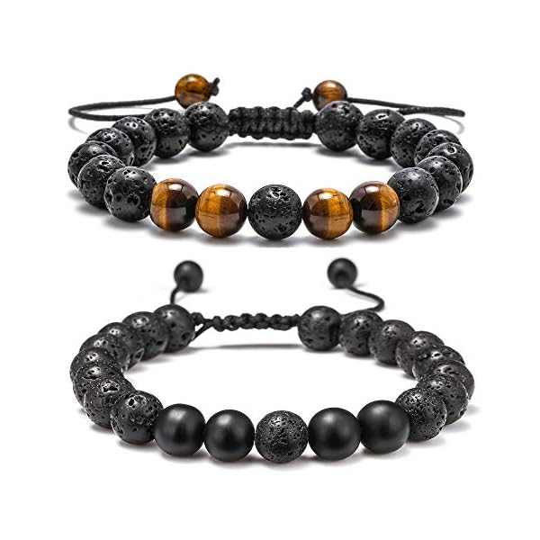 Lava-Rock-Bracelet-8mm-Stone-Tiger-Eye-Bracelet-Lava-Rock-Bracelet-Stress-Relief-Yoga-Beads-Adjustable-Bracelet-Anxiety-Aromatherapy-Essential-Oil-Diffuser-Healing-Lava-Bracelet-for-Men-Women M MOOHAM Lava Rock Bracelets for Men - Tiger Eye Mens Bracelet Mens Gifts Black Matte Agate Bracelet for Men Adjustable Beaded Bracelets for Men Gifts for Men Valentines Day Gifts for Him