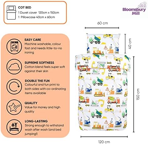 Bloomsbury Mill - Construction Vehicles - Trucks, Diggers & Cranes - Kids Bedding Set - Junior/Toddler/Cot Bed Duvet Cover & Pillowcase