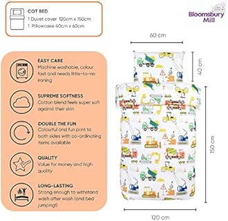 Bloomsbury Mill - Cot Bed Duvet Cover Set - Toddler Bedding Set For Boys and Girls - Construction Diggers Kids Bedding - Cot Duvet Cover & Pillow Case Set - 120x150cm