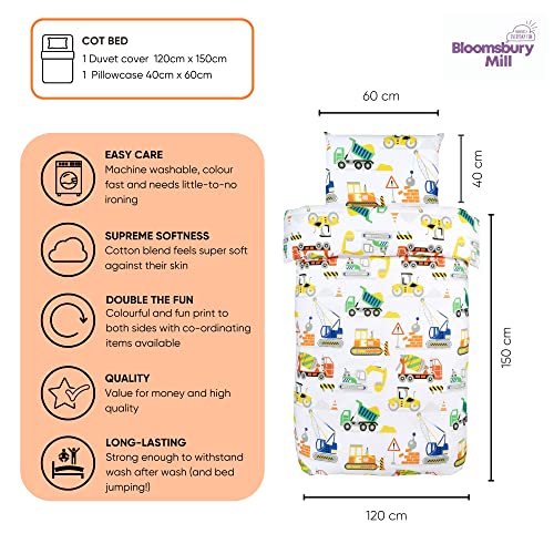Bloomsbury Mill - Cot Bed Duvet Cover Set - Toddler Bedding Set For Boys and Girls - Construction Diggers Kids Bedding - Cot Duvet Cover & Pillow Case Set - 120x150cm
