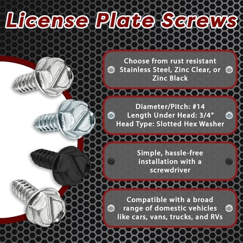 100 Pack License Plate Screws for Front and Back License Plates and License Plate Frames and Covers on Cars, Trucks, SUVs - Rust Resistant, #14x3/4 Slotted Hex Washer Self Tapping Screws Zinc Clear - Thumbnail 2