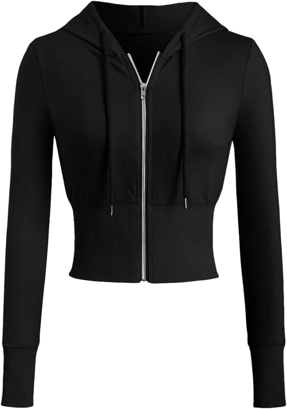 Verdusa Women's Zip Up Hooded Sweatshirt Long Sleeve Fitted Cropped Drawstring Hoodies