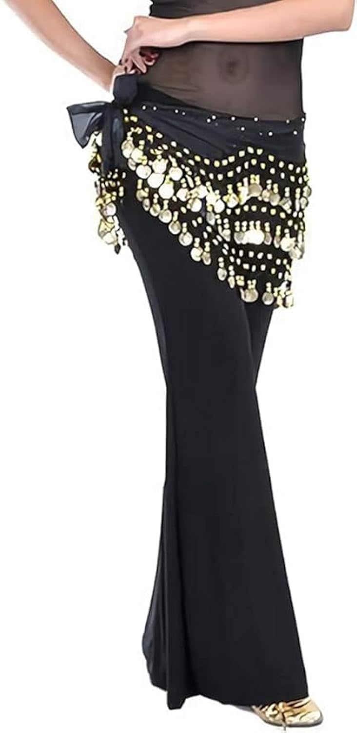 Womens Belly Dance Hip Scarf Tassel Hip Belt Sash Skirt with Gold Coins for Dance Costume Zumba Yoga Class
