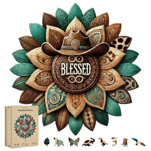 300 Pieces Blessed Wooden Puzzles for Adults, Cowboy Hat Unique Shaped Wooden Jigsaw Puzzles for Adults, Irregular Adult Wood Puzzle Creative Gift with Exquisite Wooden Box