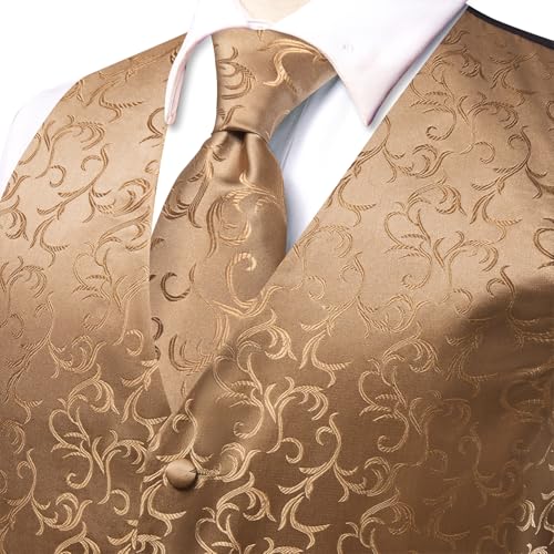 Hi-Tie Silk Mens Suit Vest Tie and Bowtie Lapel Pin Gold Tie Clip Paisley Floral Waistcoat 8PCS Set Tuxedo Wedding Party4