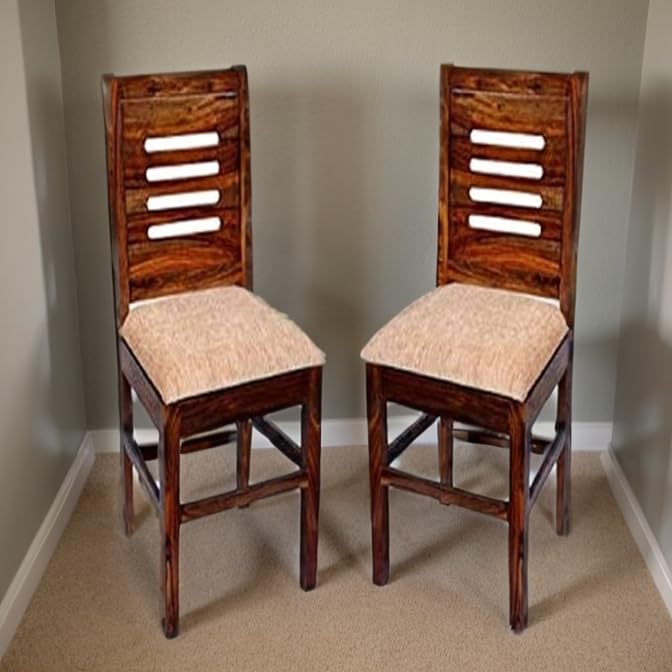 Image of Solid Sheesham Wood Wooden Dining Chairs Set of 2, Study Chairs for Home - Natural Brown with Cushions