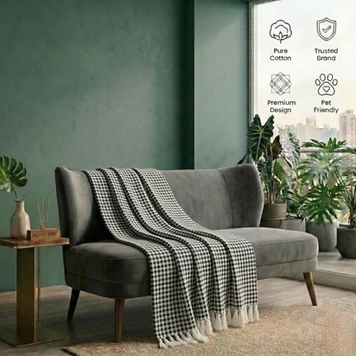 Image of SAJAVAT HOME Hand-Knitted Cotton Sofa Throw | All-Season Throw Blanket for Sofa, Bed, Couch, Chair & Travel | 80x52 Inches (204x132 cm) | with Black Tassels | Pack of 1