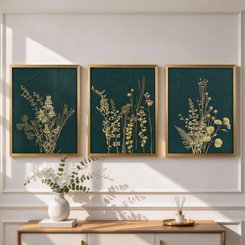 YBYBEST 3 Piece Wall Art for Living Room Over Sofa - 12x16 Each, Mixed Media Hand-Gilded 3D Textured Botanical Stems, Emerald Green & Gold Triptych Modern Decor for Office Foyer & Entryway