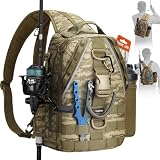 Piscifun Fishing Backpack with Rod Holder, Lightweight Sling Bag Storge Gear and Equipment, Khaki Camouflage, Latch, Standard