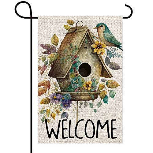 Texupday Welcome Multicolour Leaves Floral Birdhouse Double Sided Vertical Burlap Garden Flag Spring Summer Rustic Farmhouse Holiday Party Outdoor Yard Banner 12' x 18'
