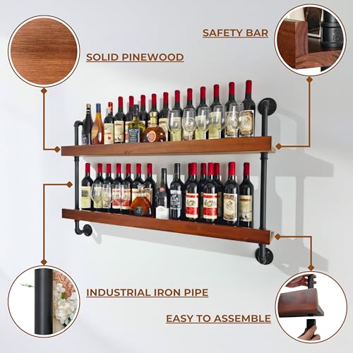 Industrial Wine Rack Wall Mounted, Solid Wood Shelf with Metal Pipe Brackets, 2-Tier Rustic Hanging Organizer for Wine Bottle Storage in Kitchen, Bar, Pub, Cellar(Walnut Brown, 48 Inch)