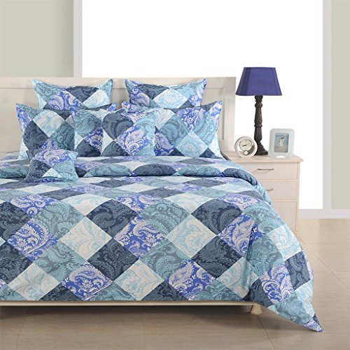 Image of Swayam Pure Cotton Single Bedsheet with 1 Pillow Covers | Size 60 x 90 inch | 160 TC | Ethnic Motifs Design | Soft Breathable Bed Sheet | Comfortable & Durable for Bedroom - Blue & Grey