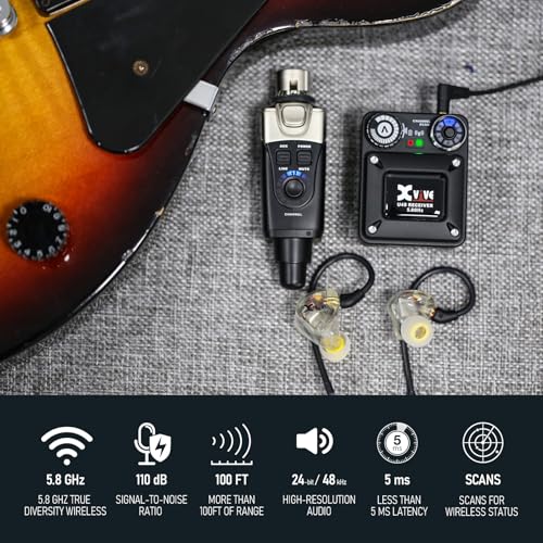Image of Xvive U45 Wireless in Ear Monitor System 5.8ghz IEM System Transmitter and bodypack Receiver for Studio, Band Rehearsal, Live Performance, Channel Scan Mode, Black