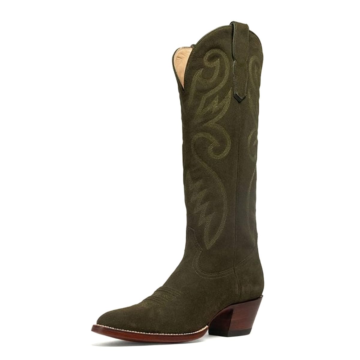 miss left Women Retro Round Toe Embroidered Knee High Boots Block Low Heel Pull on Cowgirl Boots Fall