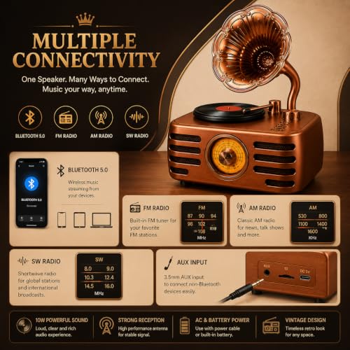 Image of Fire turtle Vintage Bluetooth Speaker with FM Radio & Retro Vinyl Record Player Design, Wireless Portable Music System with USB, TF Card, AUX, HD Sound & Classic Home Decor