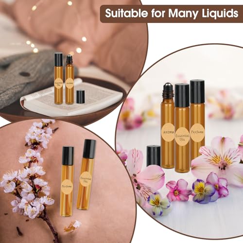 24 Stück Roll on Glasflaschen für Ätherisches Öl, 10ml Roll on Flasche Leer mit Edelstahl-Ball, Braune Rollon Flaschen mit Öffner,Tropfer, Strohhalm, Etiketten für Ätherische Öle, Parfüm, Massage
