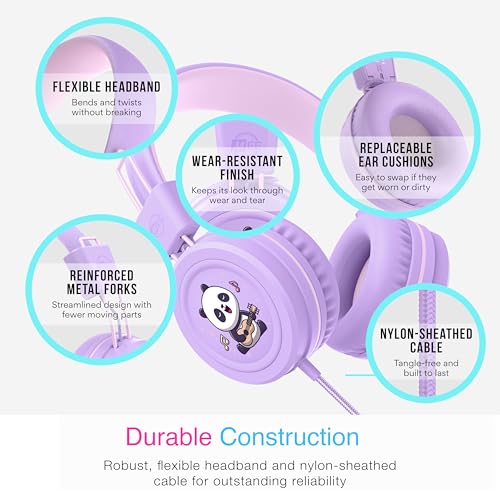 Image of MEE audio KidJamz KJ55 Wired Children's Headphones with 3.5mm Plug, Colorful Graphics, Volume Limiter & Microphone, Adjustable On-Ear Kids Headset for Online Learning /School /Travel /Tablet (Lavender)