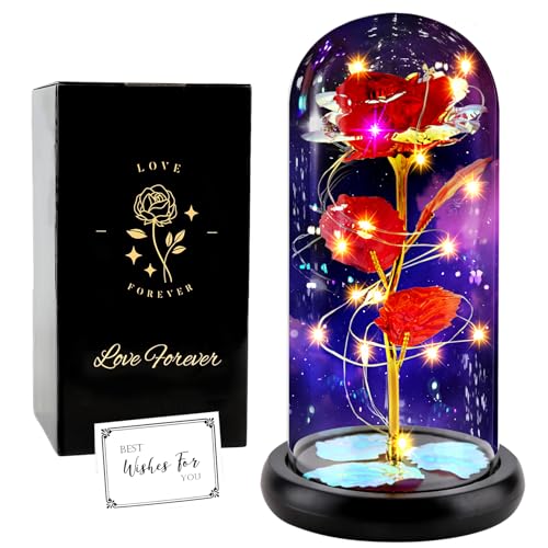 Beauty and The Beast Rose, Galaxy Rose Flower Gift for Girlfriend, Rose in A Glass Dome with LED Light, Gift for Mom on Mother’s Day Birthday Valentines Anniversary