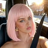 NOVFLKW Light Pink Bob Wigs with Bangs (Can Be Trimmed) Straight Short Wigs for Women Synthetic Pink Wig for Cosplay Women Funny Wig for Party Halloween Daily Wear Anime Costume Events