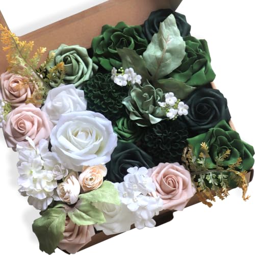 Lookein Artificial Flowers for DIY Wedding Decoration Bridal Bouquet Table Centerpieces Flower Garland Arch Flower Decoration Home Decor, Nude & Emerald Green