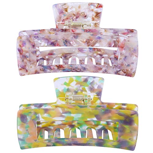 2PCS 4.2 Inch Large Floral Leopard Print Acrylic Hair Claw Strong Hold Rectangle Hair Accessories for WomenThick Long Hair (Multicolor Floral + Yellow Green Floral)