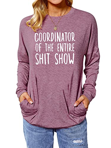 Rmcms Funny Sweatshirt For Women, Coordinator Of The Entire Shit Show Letter Print Crew Neck Sweatshirt Top Brick Red #TOP6