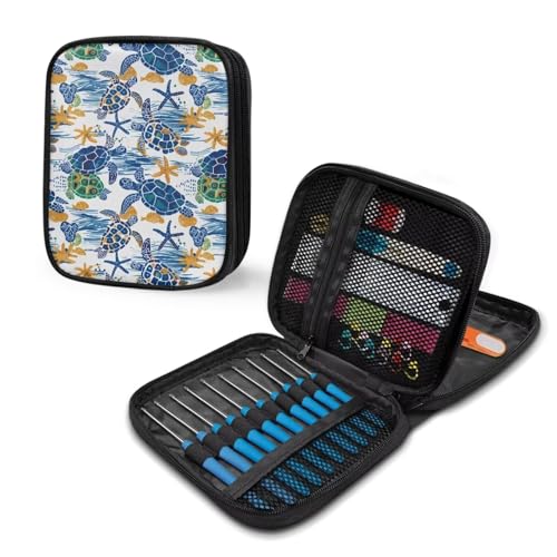 Image of Vanideaoty Sea Turtle Crochet Hook Case Portable Starfish Crochet Hook Organizer with Web Pockets for Knitting Needles Lightweight Women Girls Gifts