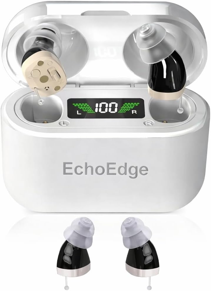 EchoEdge Rechargeable Invisible Hearing Amplifier – Personal Sound Amplifier with Microphone, Enhanced Clarity, Noise Reduction, HD Power Display & 30hr Battery Life