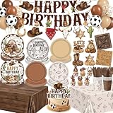 Western Party Decorations Plates, Napkins, Cups, Cutlery, Hanging Swirls, Banner, Honeycomb Centerpiece, Balloons, Tablecloths for First Rodeo Cowboy Birthday Party Decorations, Serves 24